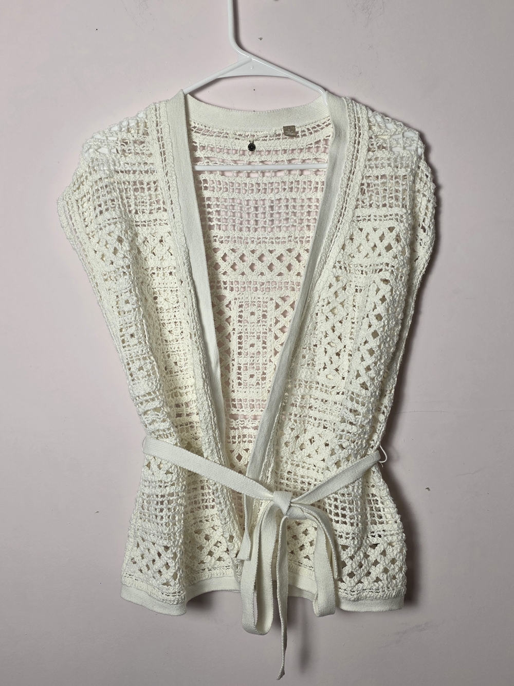 Anthropologie Moth Crochet Knit Vest Cardigan Belted Boho Cottagecore Ivory Med